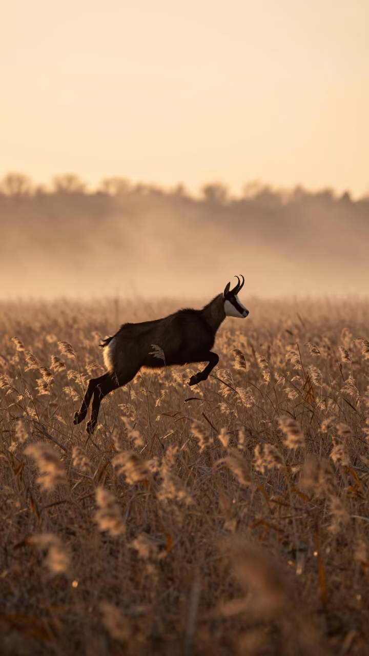 Silhouetted Chamois Leaping Over Georgia Reed Bed in at the edge of a reed bed in Georgia