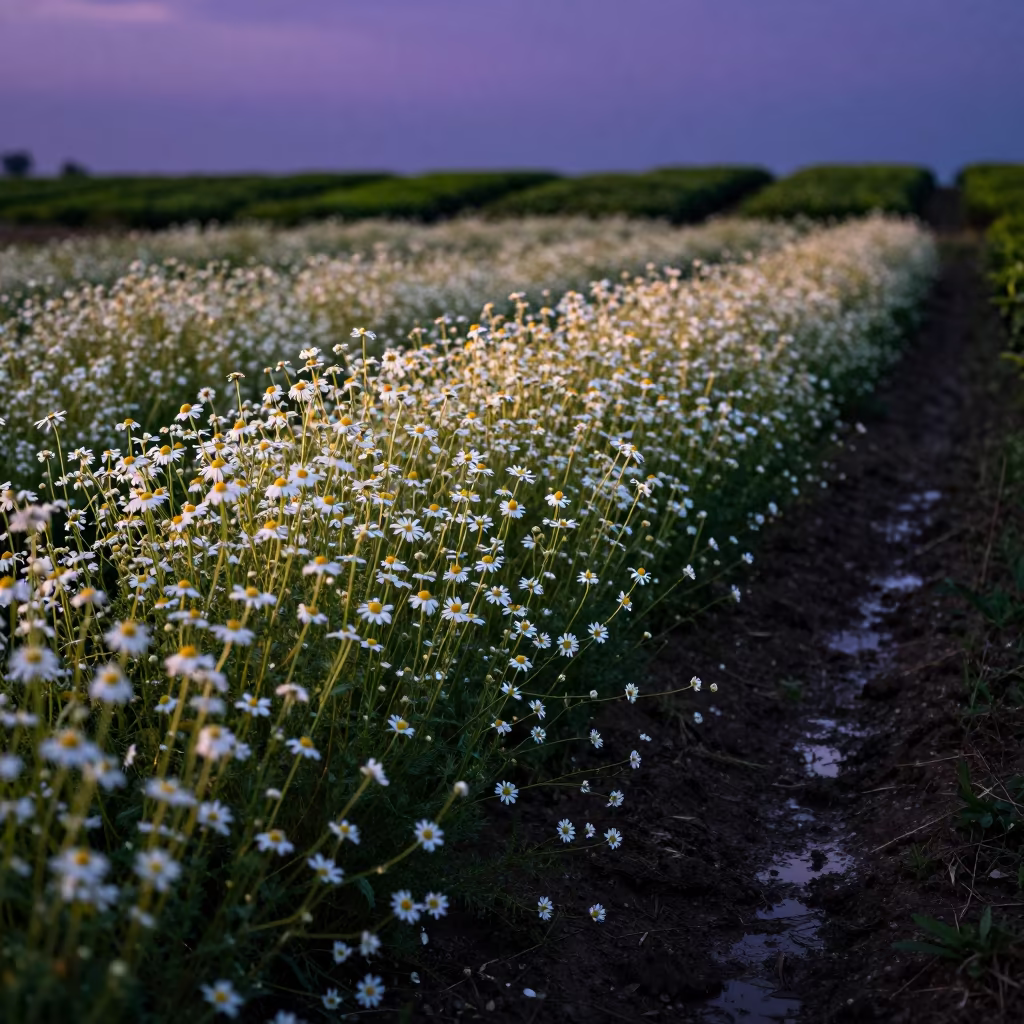 Silhouetted Chamomile Field at Albanian Tea Plantation Edge in at the edge of a tea plantation in Albania
