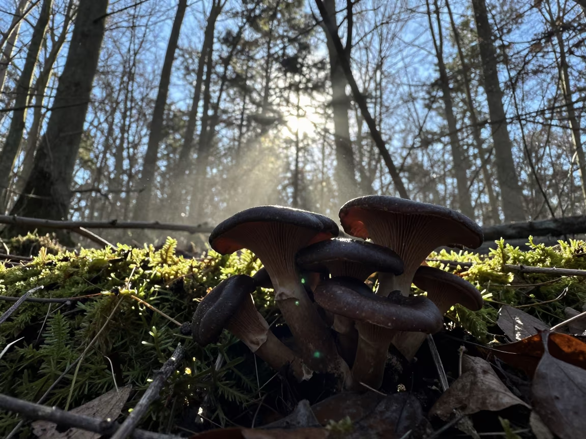 Silhouetted Chanterelles in Winter Normandy Forest in in Normandy