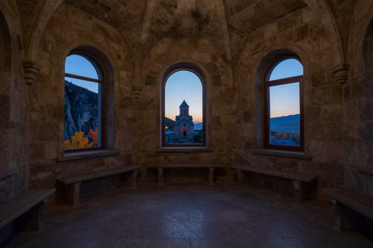 Silhouetted Chapel in Predawn Almaty Light in inside a stone chapel in Almaty