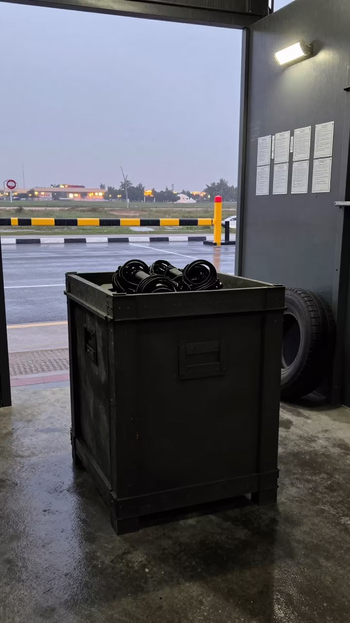 Silhouetted Chem Light Crate in Rain in at a checkpoint lane in Bahrain