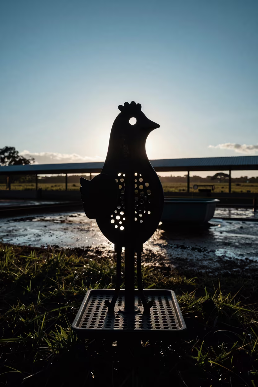 Silhouetted Chick Clicker Tray at Blue Hour in near a windbreak and water trough in São Paulo state