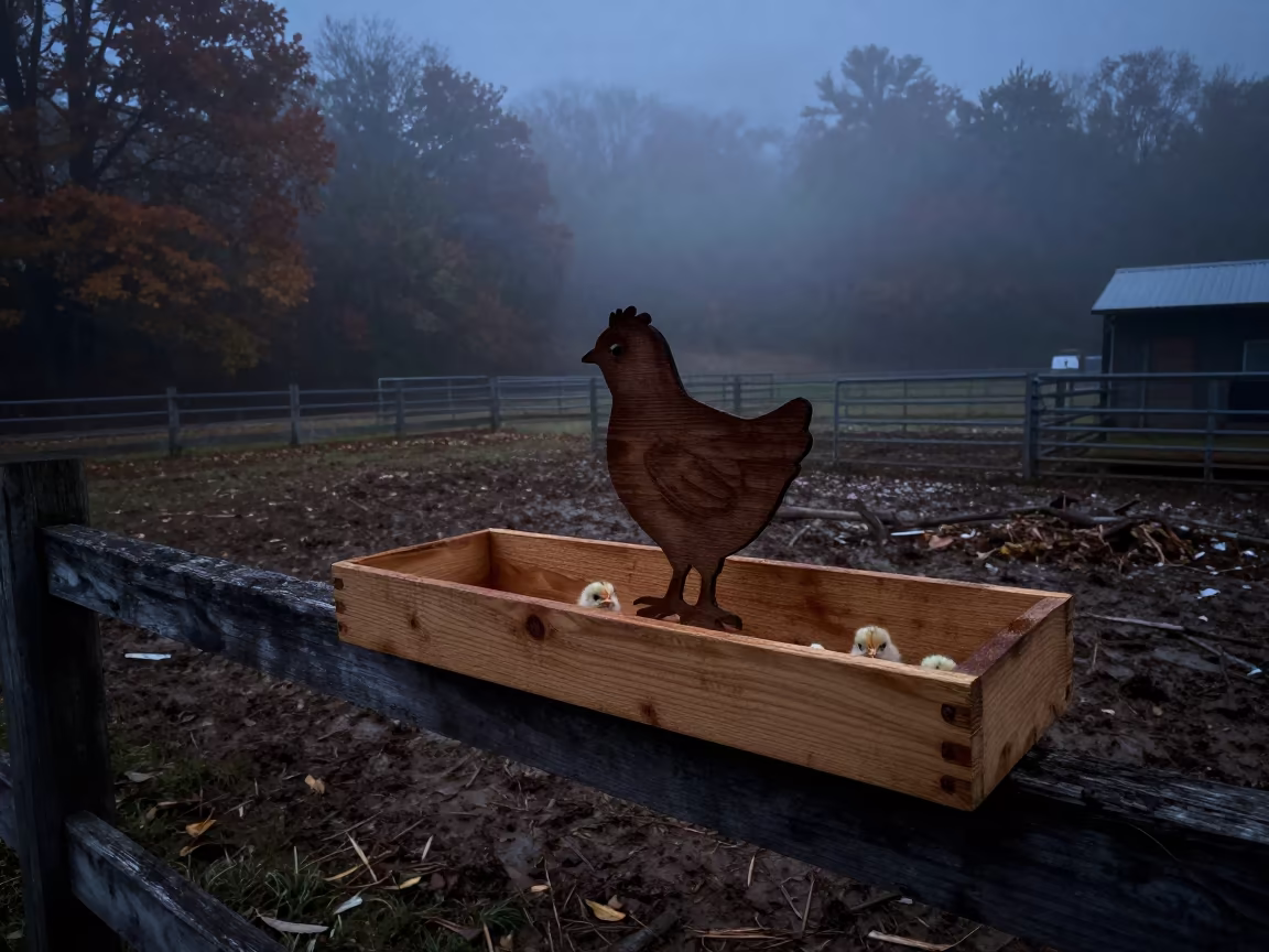 Silhouetted Chick Clicker Tray Muddy Fence Night in along a muddy paddock fence in West Virginia