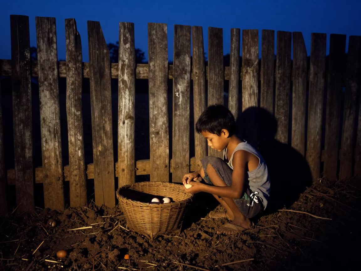 Silhouetted Child Gathering Eggs in Myanmar Paddock in along a muddy paddock fence in Myanmar
