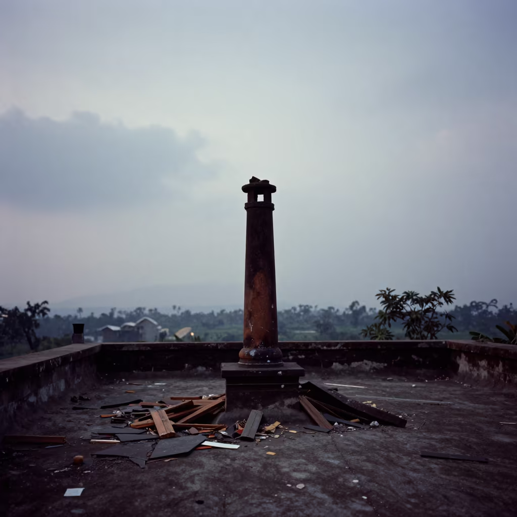 Silhouetted Chimney Breast in Roofless Mizoram Hammam in inside a roofless hammam in Mizoram