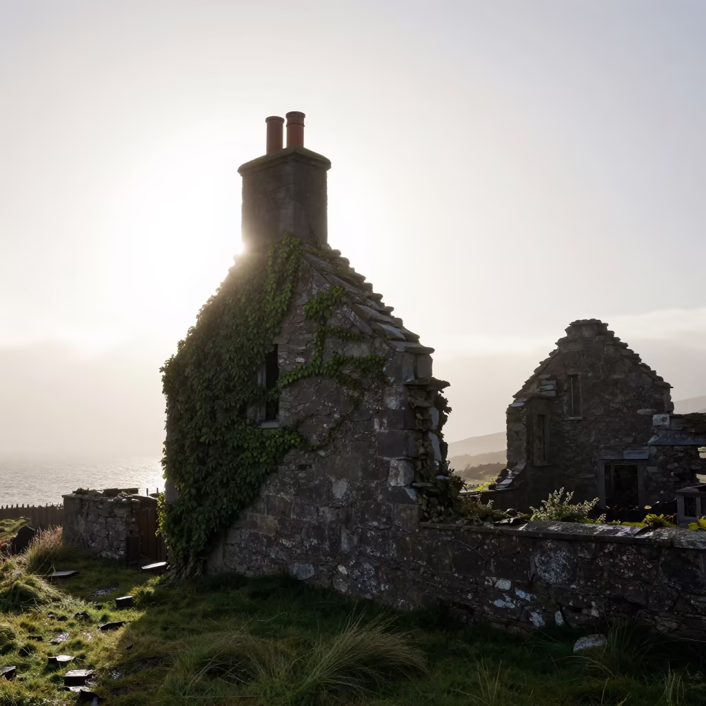 Silhouetted Chimney Breasts Against Coastal Fog in beside ivy-draped masonry near Dania