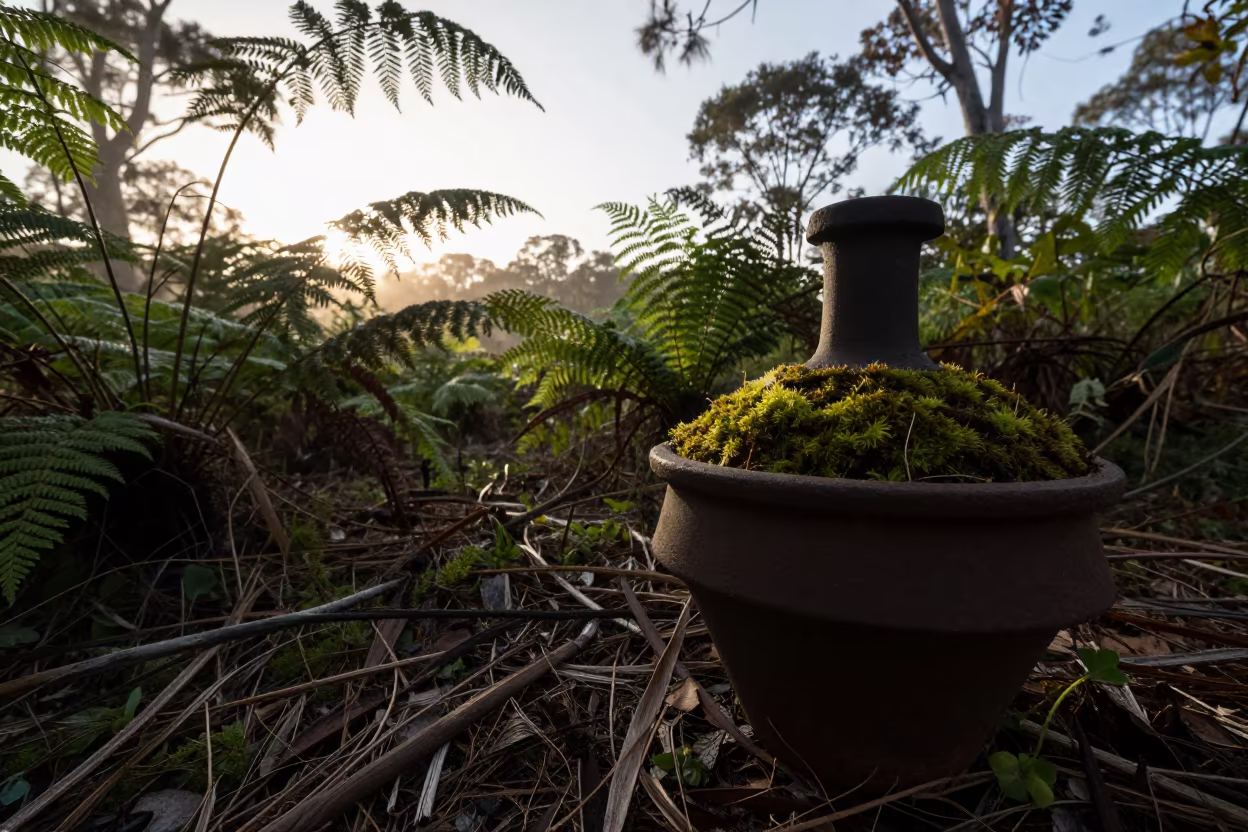 Silhouetted Chimney Pot Amidst Queensland Ferns in on a fern-lined forest floor in Queensland