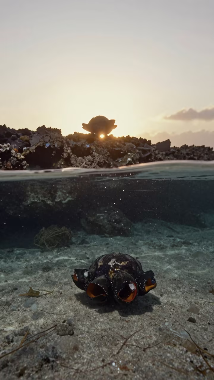 Silhouetted Chiton on Tanzanian Tide Pool Rock in beside a tide-cut rock ledge under clear water in Tanzania