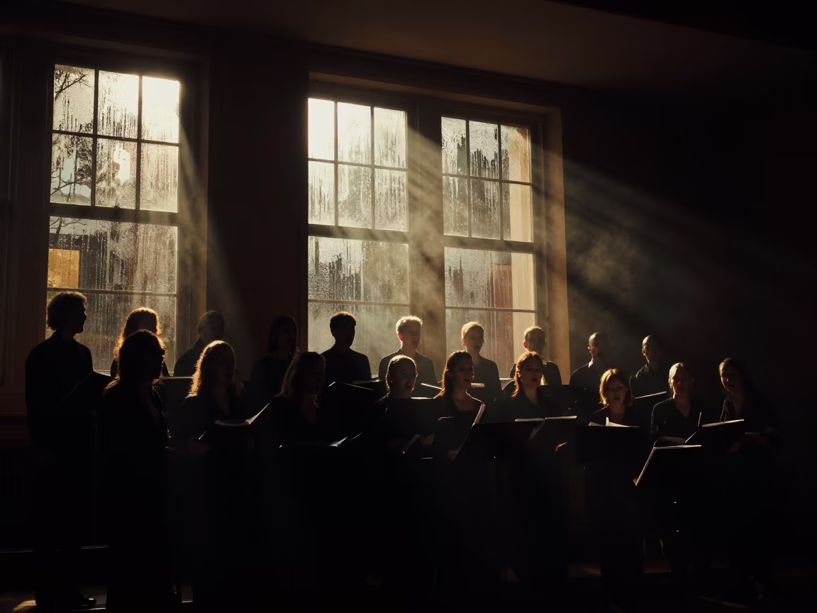 Silhouetted Choir in Midnight Concert Hall in in a concert hall in Rothschild, Tel Aviv