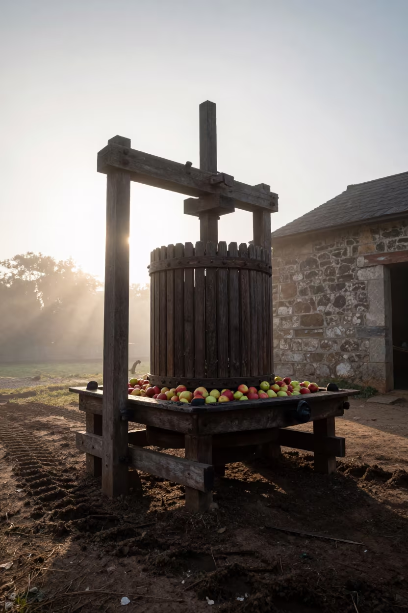 Silhouetted Cider Press in Stone Barn at Dusk in beside a tractor track through dark soil near Godavarikhani