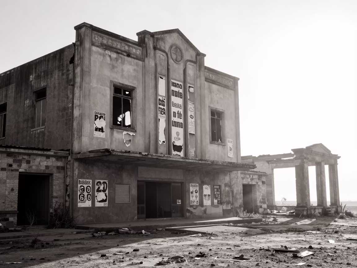 Silhouetted Cinema Ruin in Bouake Coastal Glare in among collapsed cloisters near Bouake