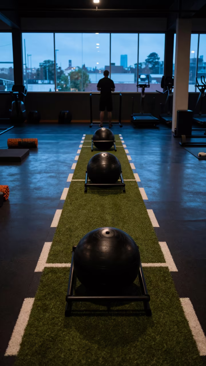 Silhouetted Circuit Training Floor at Blue Hour in inside a recovery lounge beside foam rollers near Buenos Aires
