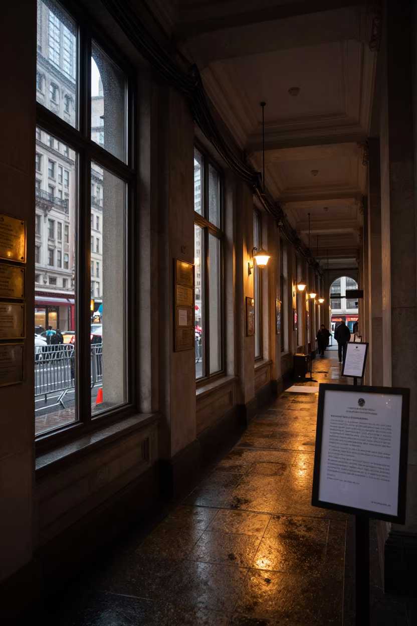Silhouetted City Hall Corridor with Protests in along barricaded protest routes in Nadiad