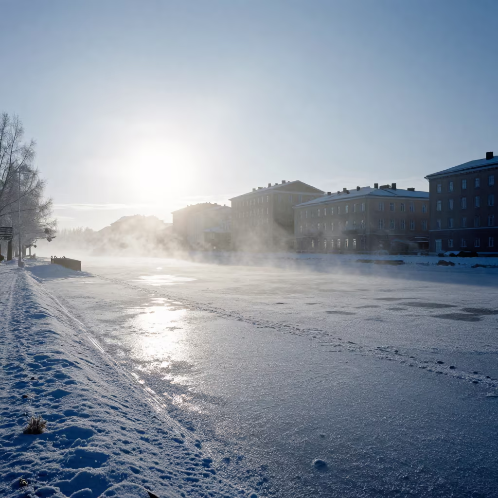 Silhouetted City in Minus Forty Ice Fog in in Finland