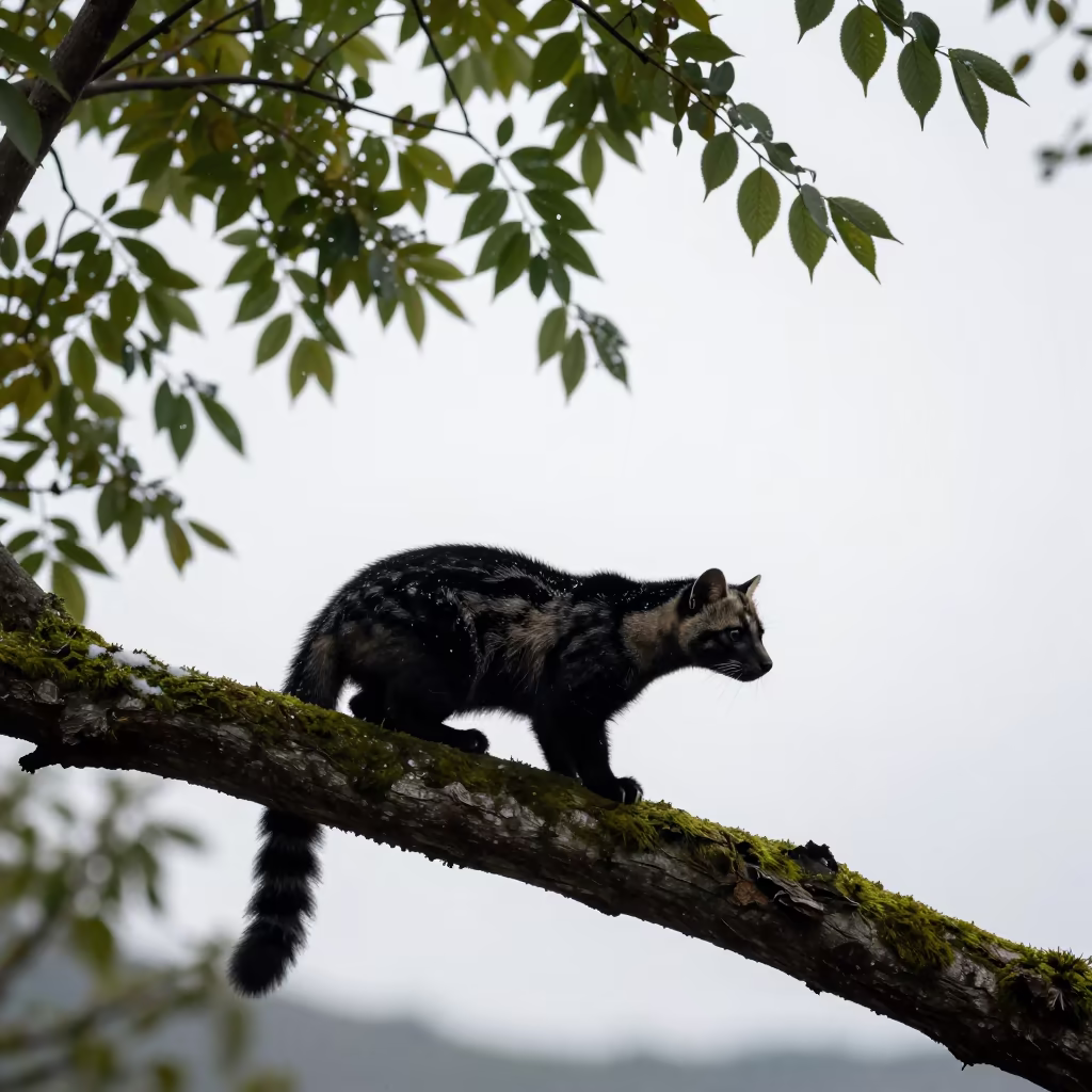 Silhouetted Civet Cat on Branch in Late Summer Snow in along a game trail near Samsun