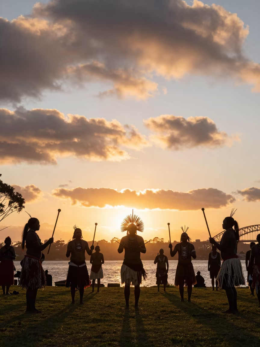 Silhouetted Clapsticks at Sydney Waterfront Festival in at a waterfront celebration near Sydney