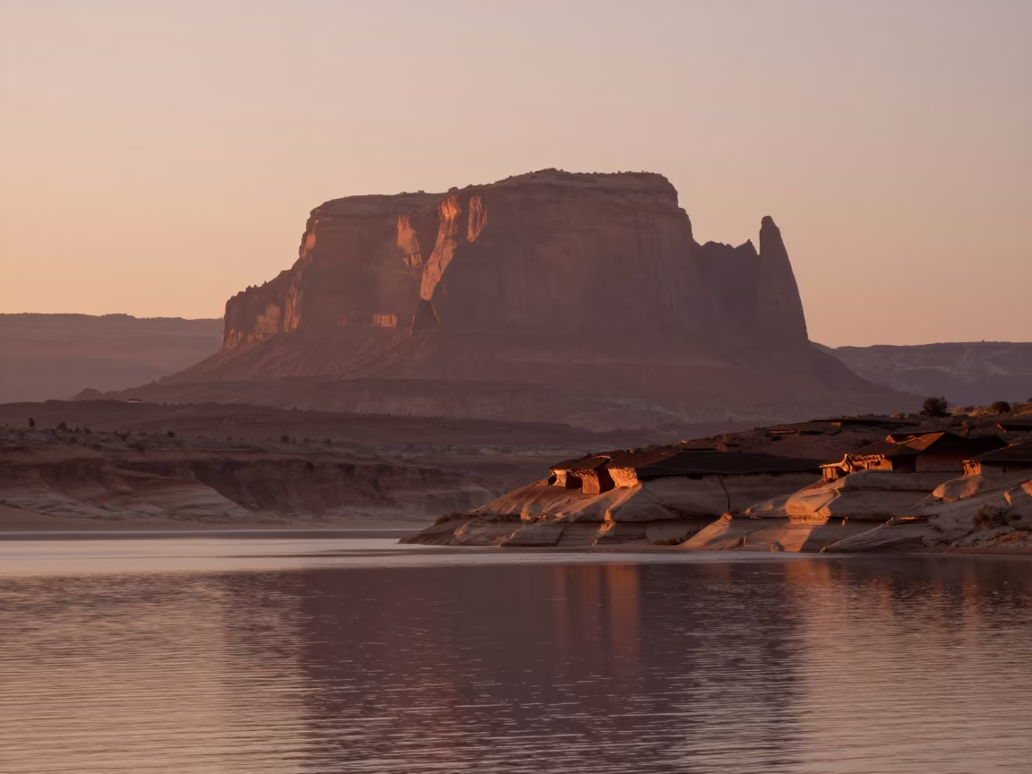 Silhouetted Cliff Dwellings on Jordan Shore Mesa in along a wave-cut shoreline in Jordan