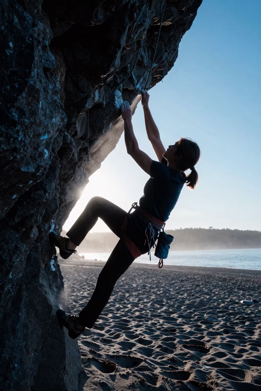 Silhouetted Climber Chalks Hands on Overhang in along a beach near Seattle