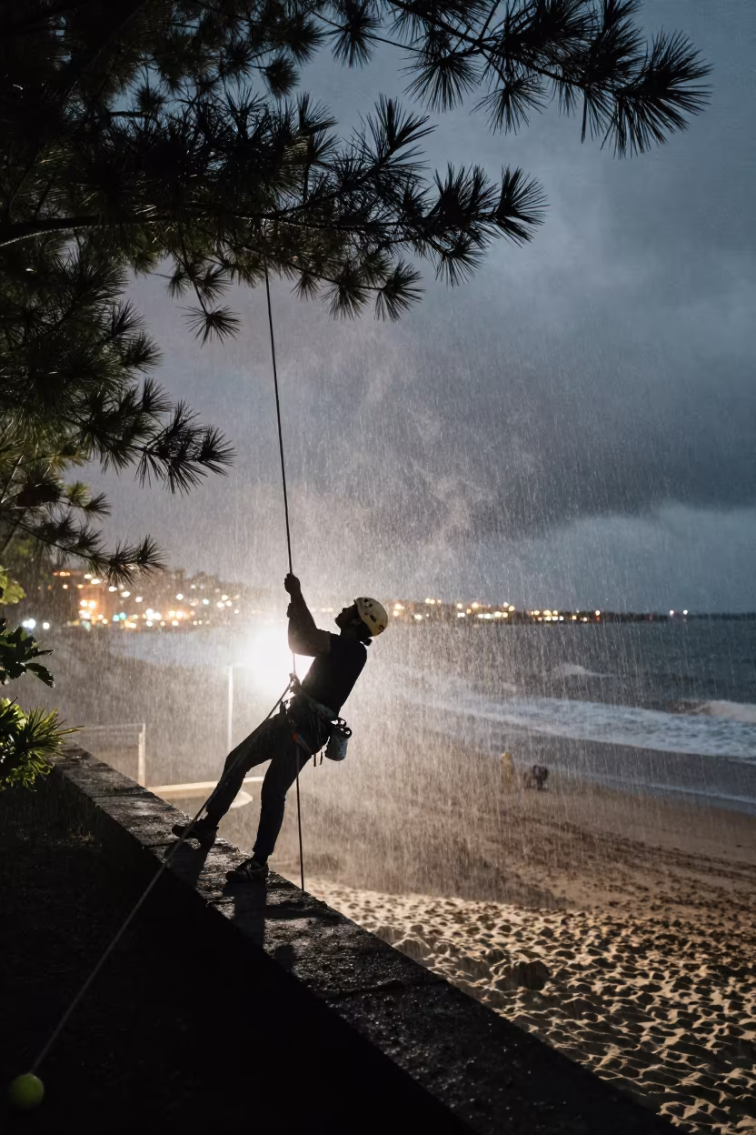 Silhouetted Climber Coiling Rope on Beach Ledge in along a beach near Carrefour