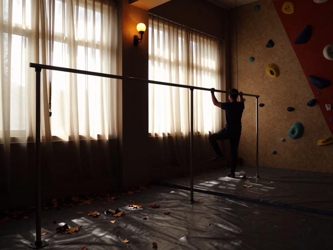 Silhouetted Climbing Gym Cue Rail Before Practice in inside a climbing gym warmup zone near Vehari