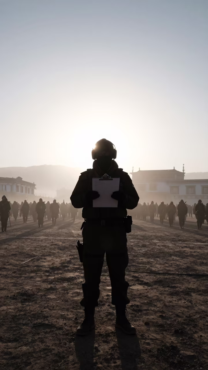 Silhouetted Clipboard on Tibetan Winter Parade Ground in on a parade ground in Tibet
