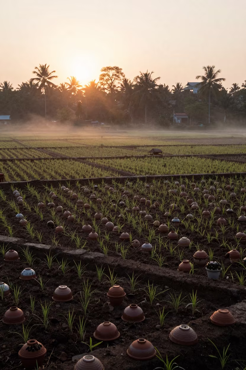 Silhouetted Cloche Over Seedlings in Terraced Paddies in among terraced rice paddies in Chennai