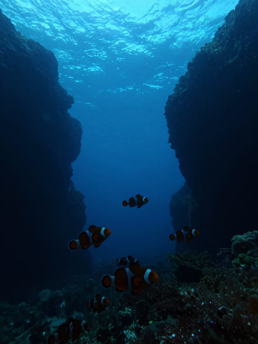 Silhouetted Clownfish in Blue Hole Near Zanzibar in beside a reef crevice under clear water near Zanzibar