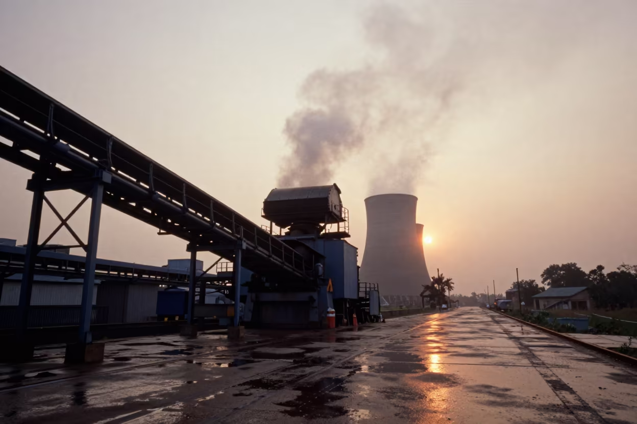 Silhouetted Coal Conveyor at Sunset Monsoon Loading Dock in at a loading dock near Akola