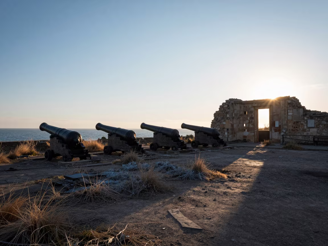 Silhouetted Coastal Battery Ruins at Dawn in through a courtyard reclaimed by grasses near Tobruk