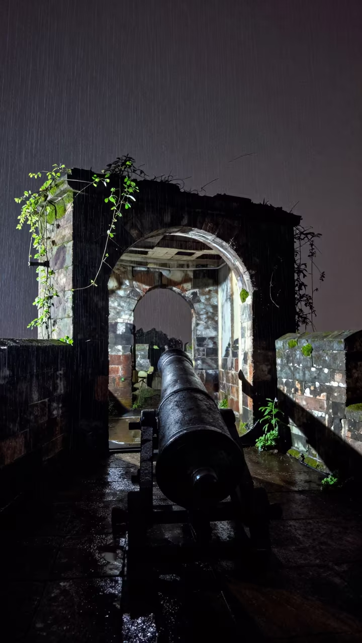 Silhouetted Coastal Fort Ruin Night Drizzle in inside a roofless nave near Chengdu