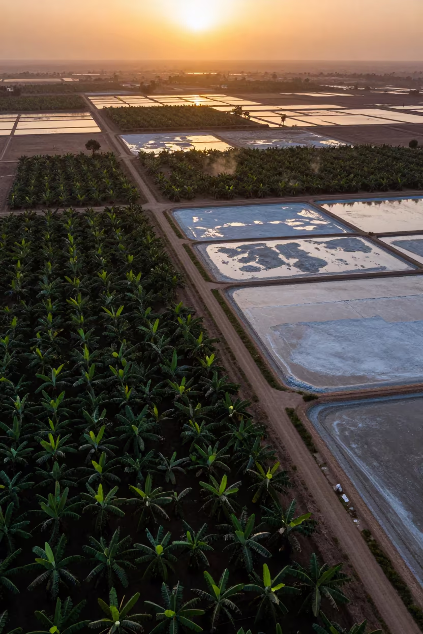 Silhouetted Cocoa and Banana Patches Over Egyptian Salt Ponds in high over salt ponds and causeways in Egypt