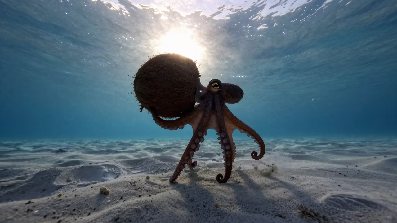 Silhouetted Coconut Octopus Carrying Shell in in Tanzania