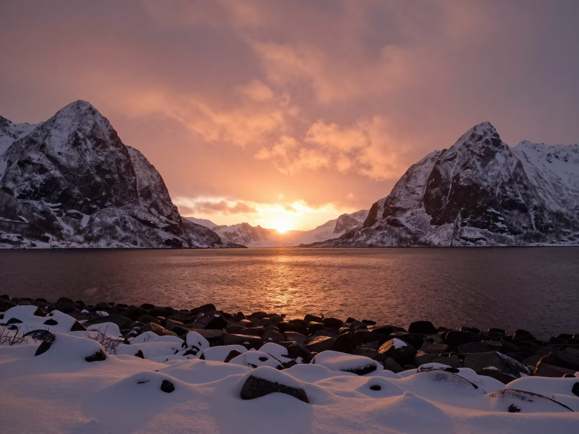 Silhouetted Col Between Snow Peaks at Dusk in along a wave-cut shoreline near Tromsø