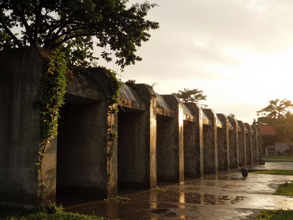 Silhouetted Cold War Bunker Ruins in Lima Evening in inside a roofless nave near Barranco, Lima