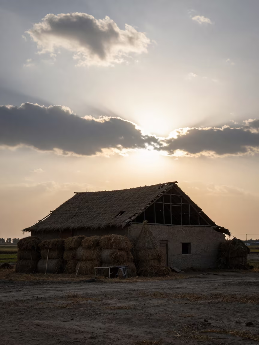 Silhouetted Collapsed Barn and Hay Bales in beside stacked hay bales in Shaanxi