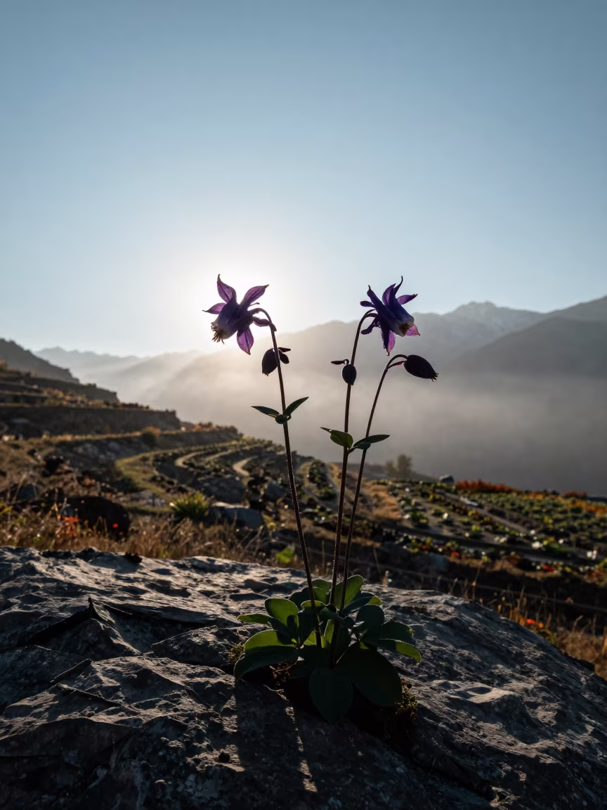 Silhouetted Columbine in Almaty Alpine Garden Dawn in among terraced garden plots near Almaty