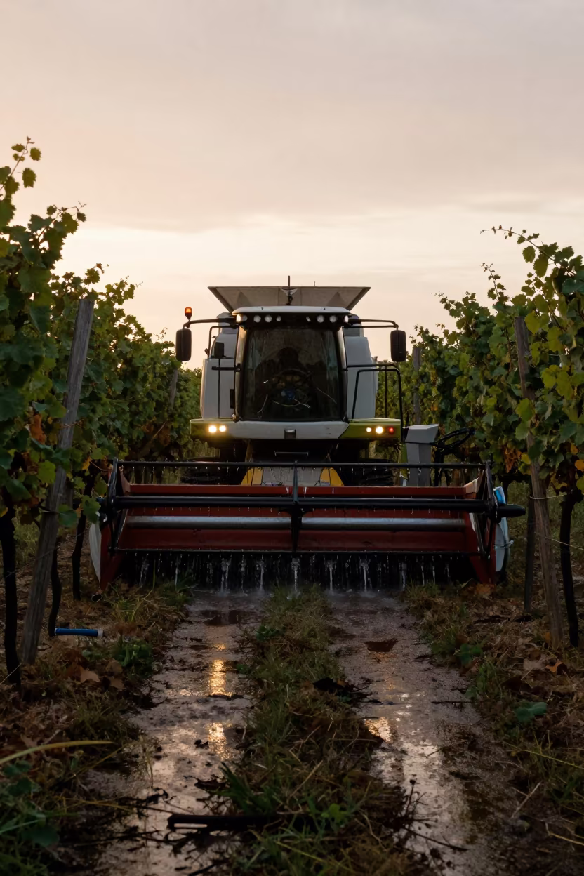 Silhouetted Combine Harvester at Twilight Washing Station in between vineyard trellises in Croatia