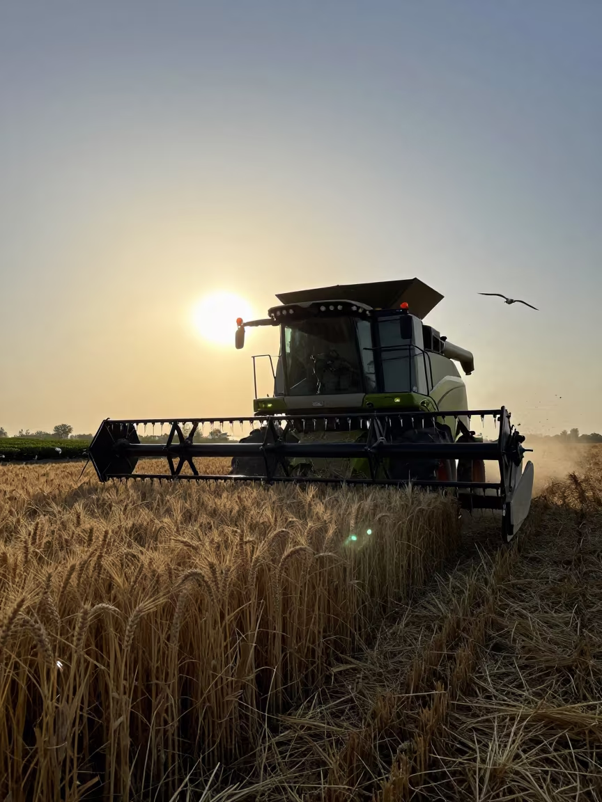 Silhouetted Combine Harvester in Wheat Field in at the edge of a tea plantation in Kamchatka