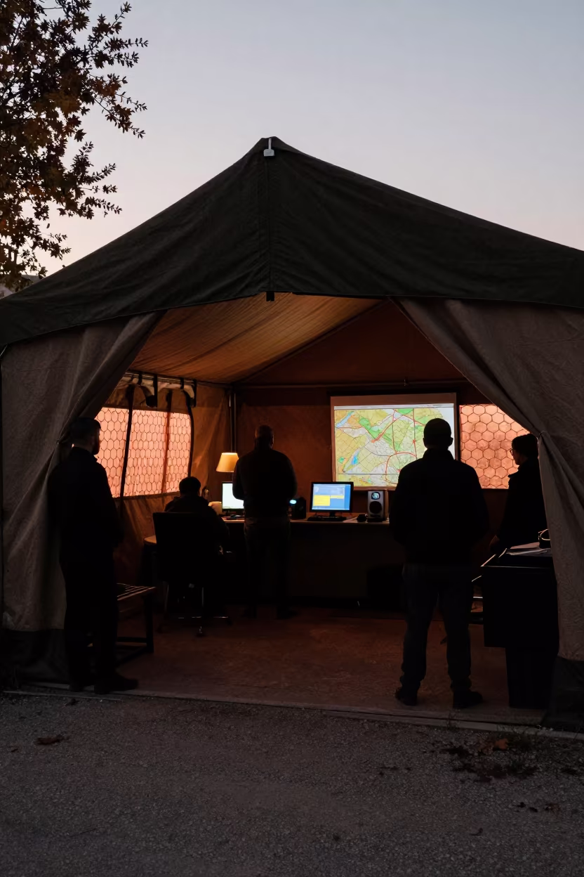 Silhouetted Command Tent in Nablus Bay in in an armored vehicle bay in Nablus