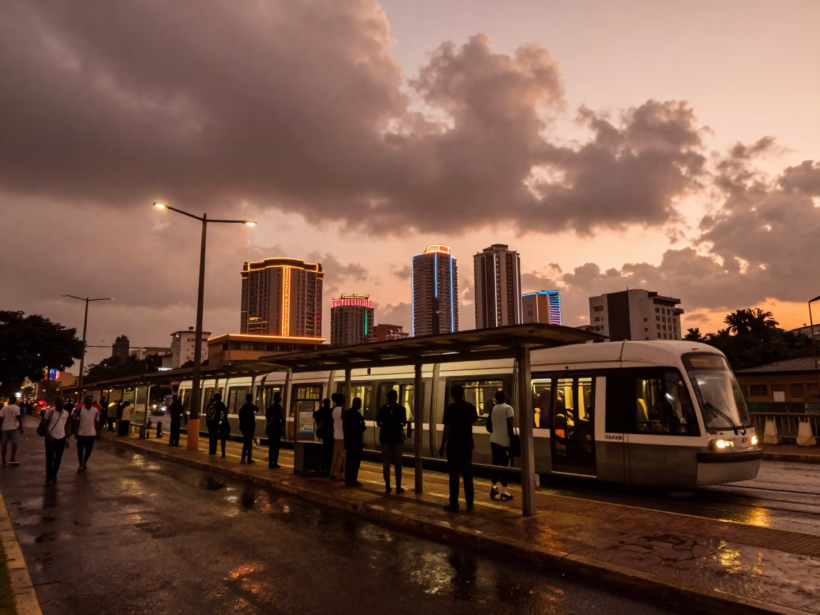 Silhouetted Commuters Abidjan Skyline Dusk in at a tram stop in Abidjan