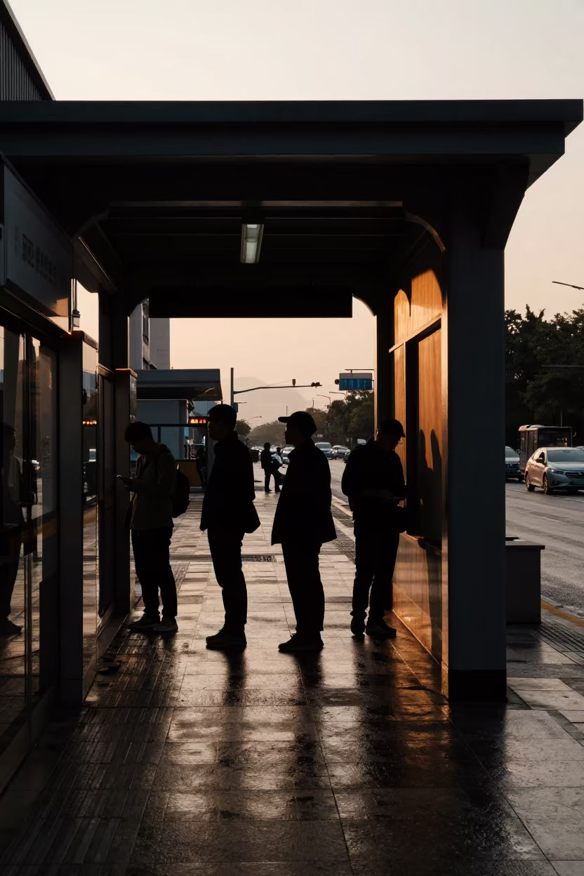 Silhouetted Commuters at Dawei Metro Station in outside a metro entrance in Dawei
