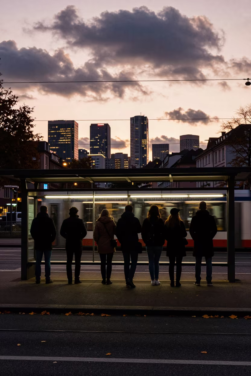 Silhouetted Commuters on Freiburg Overpass in at a tram stop in Freiburg