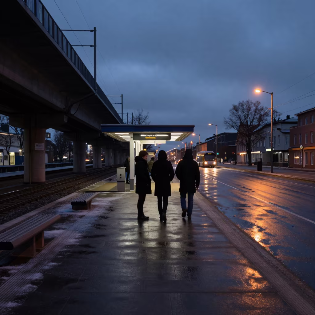 Silhouetted Commuters at Kuopio Station Entrance in under an elevated train line in Kuopio