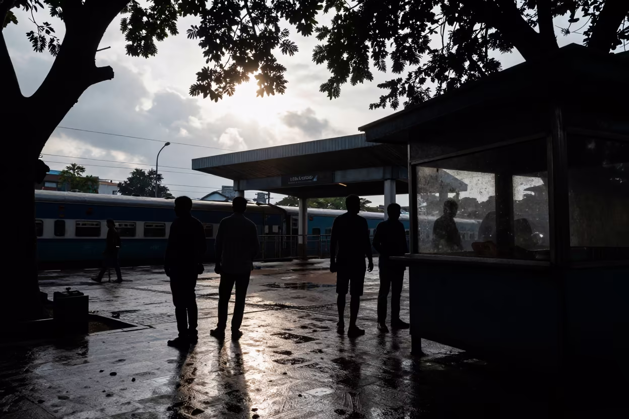 Silhouetted Commuters at Lucknow Kiosk in by a rain-darkened kiosk in Lucknow