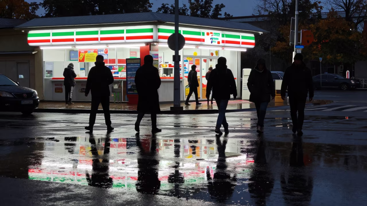 Silhouetted Commuters Reflect in Neon Puddle Pavlodar in outside a fluorescent convenience store in Pavlodar