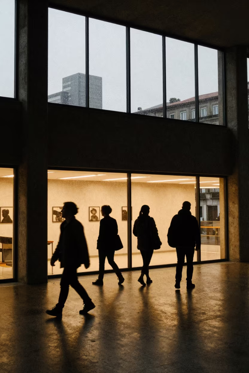 Silhouetted Commuters Rainy Skyline Double Exposure in inside a ribbed concrete lobby in Porto Amboim