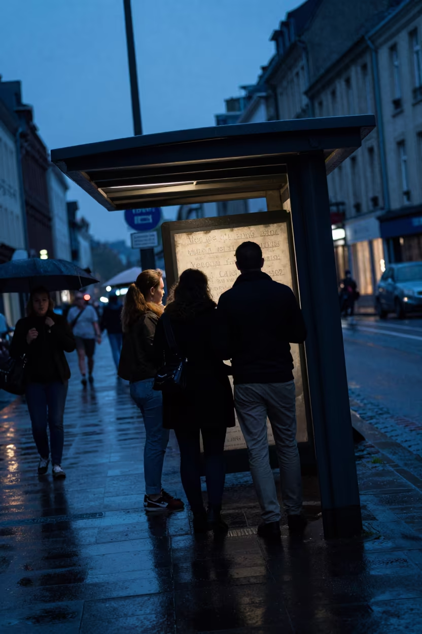 Silhouetted Commuters Under Rouen Kiosk Rain in by a rain-darkened kiosk in Rouen