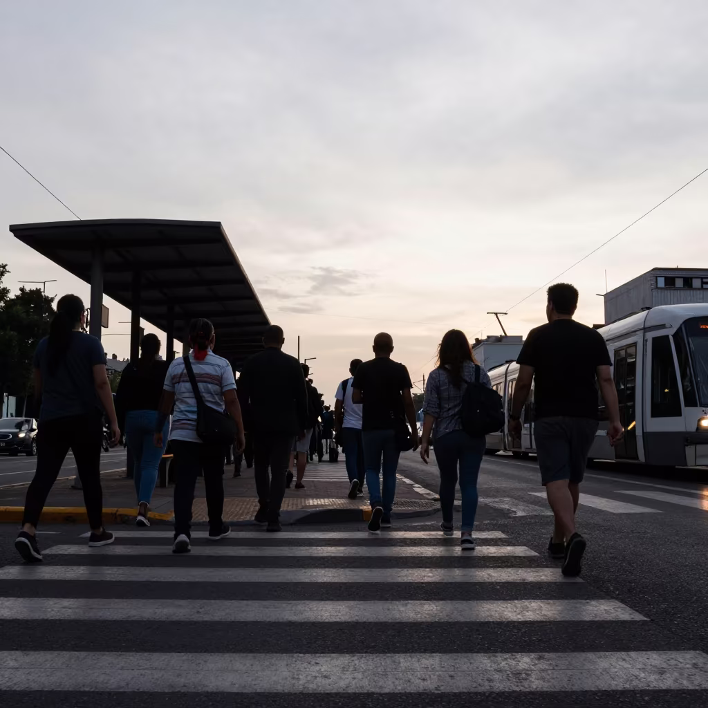 Silhouetted Commuters Rush Hour Crosswalk Monterrey in at a tram stop in Monterrey