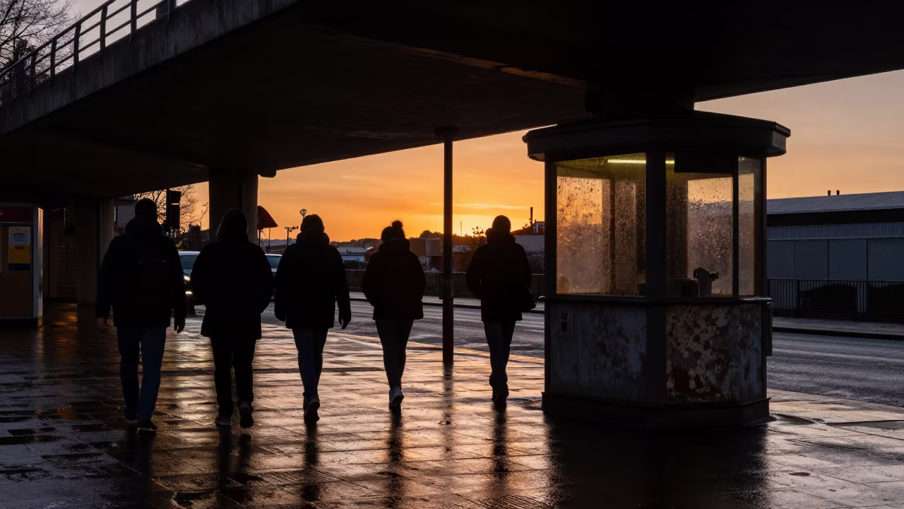Silhouetted Commuters Under Newcastle Rain Awning in by a rain-darkened kiosk in Newcastle
