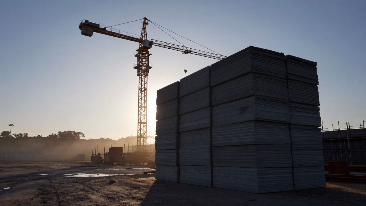 Silhouetted Concrete Blanket Stack at Natal Construction Site in beneath a tower crane on open ground near Natal